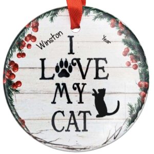 Personalized I Love My Cat Ceramic Wreath Ornament