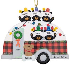 Image of Personalized 5 Black Bears With Pet In Camper Colorful Glittered Ornament