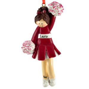 Image of MAROON And WHITE Cheerleader Holding Poms Ornament BRUNETTE