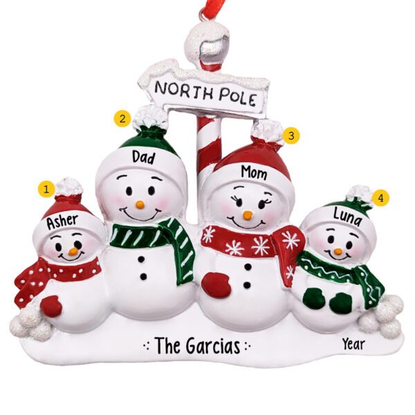 Personalized North Pole Family Of 4 Snowmen Glittered Ornament