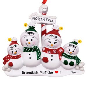 Image of Grandparents And 2 Grandkids Snowmen North Pole Personalized Ornament