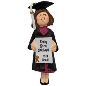 FEMALE Graduate Holding Diploma With Full Name Personalized Ornament BRUNETTE