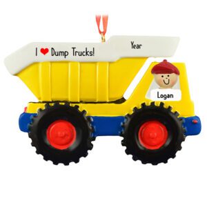 Little BOY On YELLOW Dump Truck Christmas Personalized Ornament