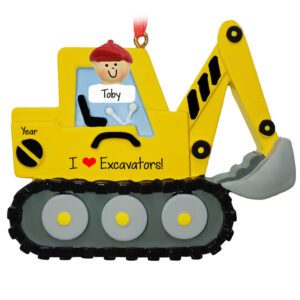 Image of Little BOY On Yellow Excavator With Digging Bucket Ornament