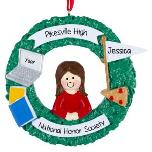 Image of GIRL High School Activities Christmas Wreath Ornament BRUNETTE