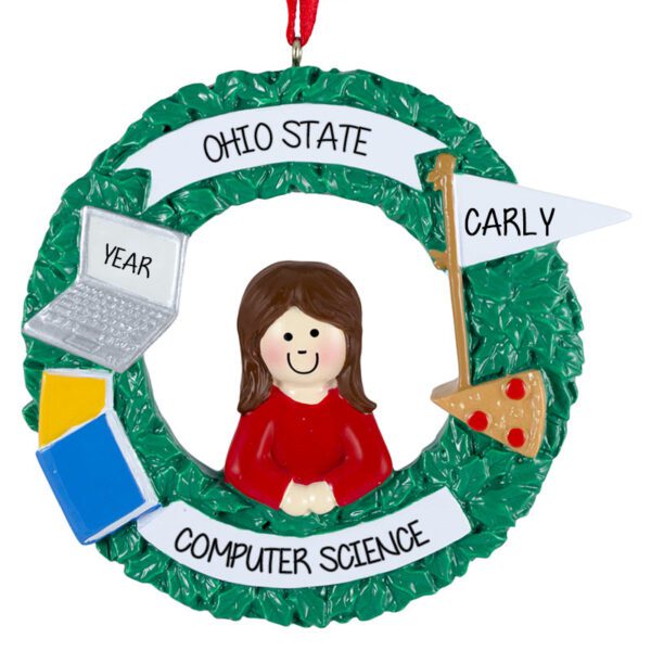 Personalized GIRL College Student On Wreath Ornament BRUNETTE