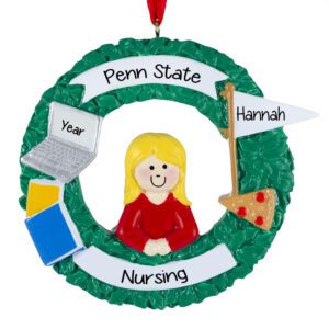 Personalized GIRL College Student On Wreath Ornament BLONDE