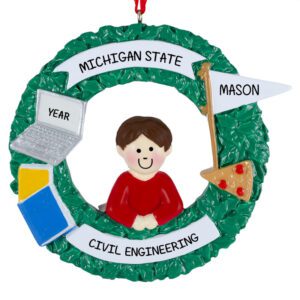 Personalized BOY College Student On Wreath Ornament BROWN Hair