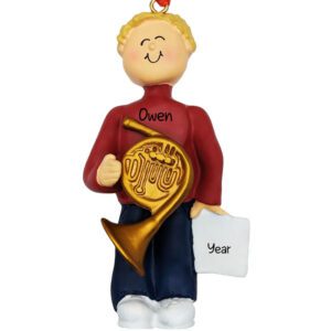 BLONDE MALE Playing FRENCH HORN Christmas Ornament