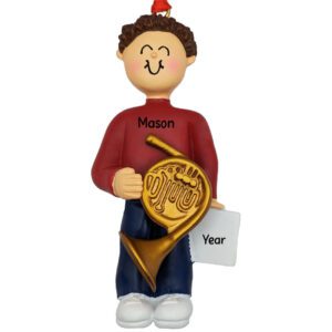 Boy Playing FRENCH HORN Personalized Ornament BROWN Hair