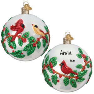 Image of Personalized Cardinals And Hollyberry Glittered Glass Ornament
