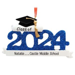 BLUE CLASS OF 2024 Middle School Grad Glittered Numbers Ornament