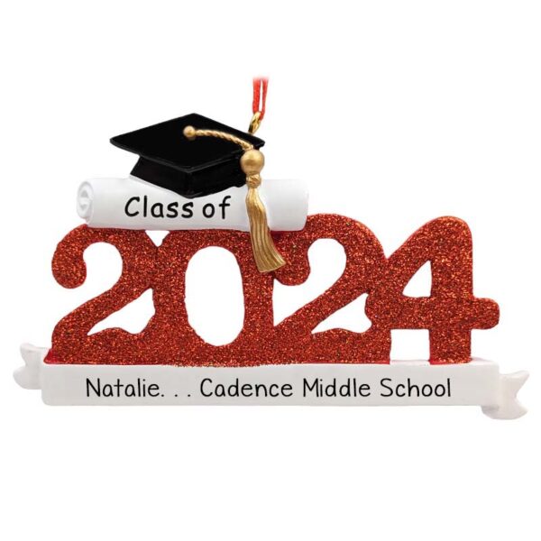 RED CLASS OF 2024 Middle School Glittered Numbers Ornament