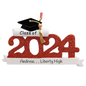 RED CLASS OF 2024 High School Grad Glittered Numbers Ornament