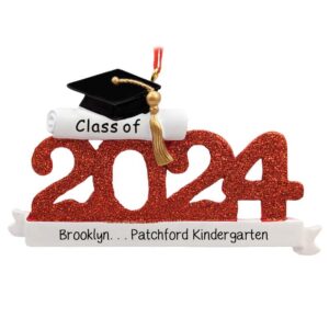 RED CLASS OF 2024 Kindergarten Glittered Numbers Grad Ornament