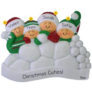Image of Personalized Four Grandkids Having Snowball Fight Glittered Ornament