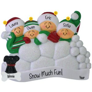 Image of Personalized Family of 4 With Pet Snowball Fight Glittered Ornament