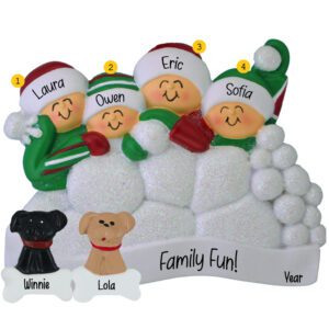 Personalized Family of 4 With 2 Pets Snowball Fight Glittered Ornament