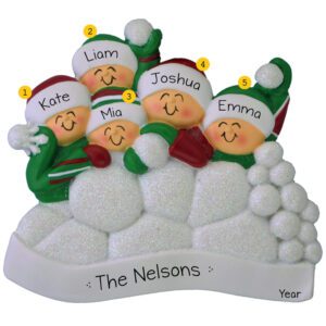 Family of 5 Snowball Fight Glittered Personalized Ornament