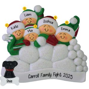 Personalized Family of 5 With Pet Snowball Fight Glittered Ornament