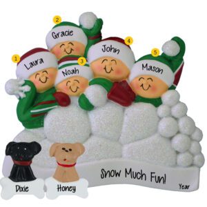 Image of Personalized Family of 5 With 2 Pets Snowball Fight Glittered Ornament