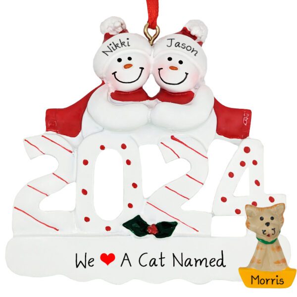 Personalized 2024 Snow Couple Loves Their Cat Ornament