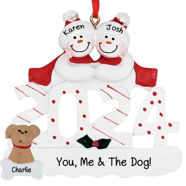 Personalized 2024 Snow Couple With DOG Gift Ornament