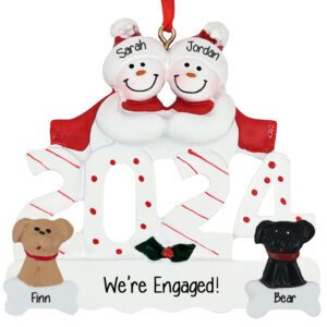 Image of 2024 Engaged Snow Couple With 2 Dogs Personalized Ornament