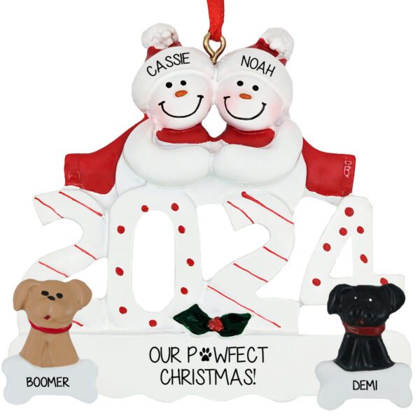 2024 Personalized Snow Couple With 2 DOGS Gift Ornament