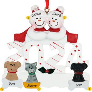 Image of 2024 Snow Couple With 3 Pets Personalized Ornament