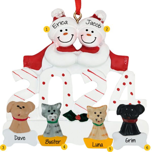 2024 Personalized Snow Couple With 4 Pets Ornament