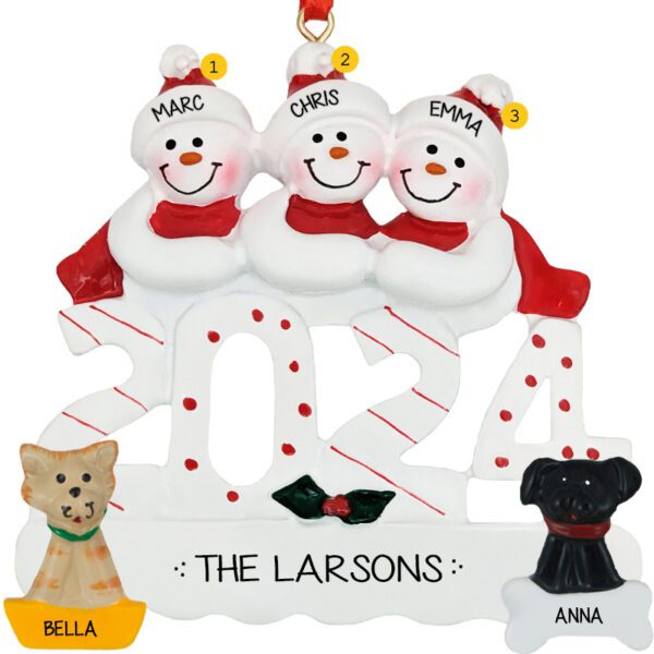 2024 Snow Family Of 3 With CAT and DOG Personalized Ornament