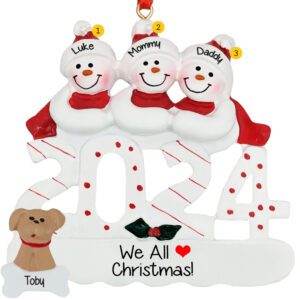 Personalized 2024 Snow Family Of 3 With DOG Ornament