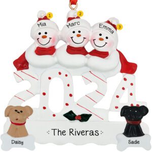 Personalized 2024 Snow Family Of 3 With 2 DOGS Ornament