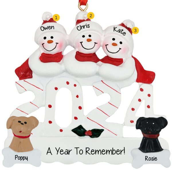 2024 Snow Family Of 3 With 2 DOGS Personalized Ornament