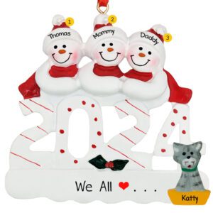 Personalized 2024 Snow Family Of 3 And CAT Ornament
