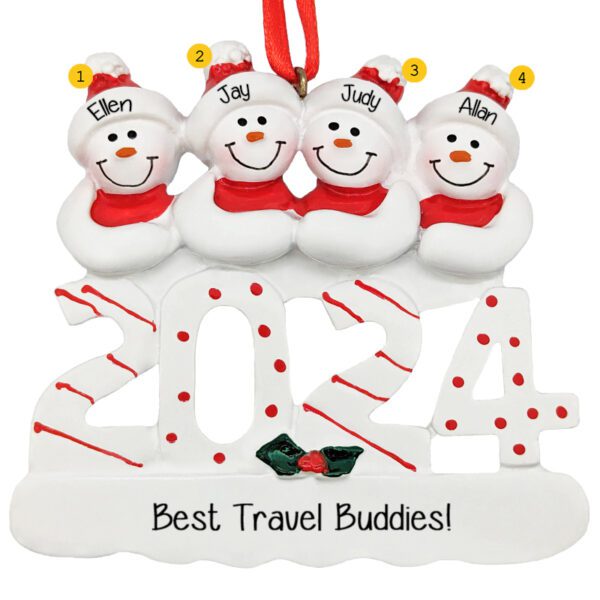 2024 Four Travel Buddies Snowmen Personalized Ornament