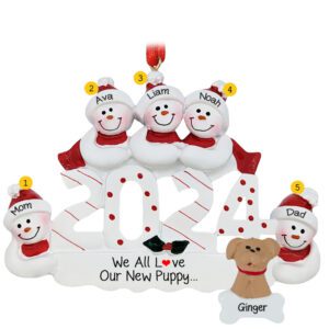 Image of Personalized 2024 Snow Family Of 5 With New DOG Ornament