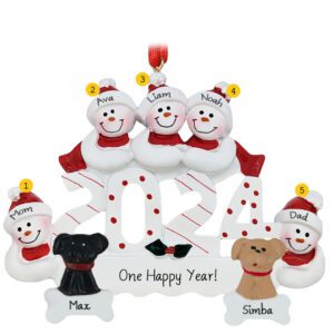 Personalized 2024 Snow Family Of 5 And 2 Pets Ornament