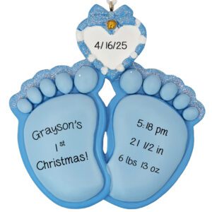Image of Personalized Baby BOY Birth Announcement Cute Feet Ornament BLUE