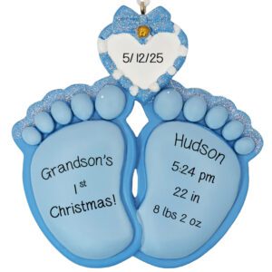 Personalized GRANDSON Birth Announcement Cute Feet Ornament BLUE
