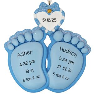 Personalized TWIN Baby BOYS Birth Announcement Cute Feet Ornament BLUE