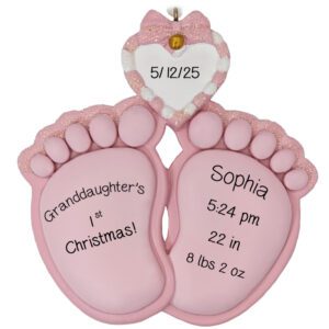 Personalized GRANDDAUGHTER Birth Announcement Cute Feet Ornament PINK