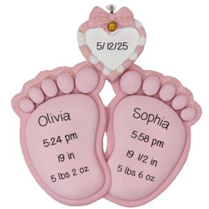 Image of Personalized TWIN Baby GIRLS Birth Announcement Cute Feet Ornament