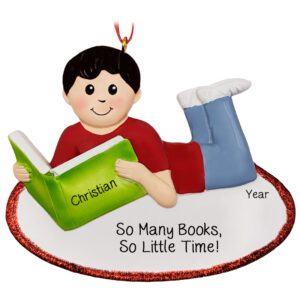 Personalized BOY Reading GREEN Book Glittered Ornament