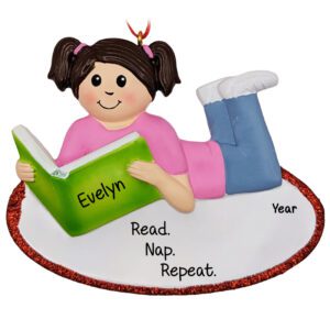 GIRL Reading A Book Personalized Keepsake Glittered Ornament