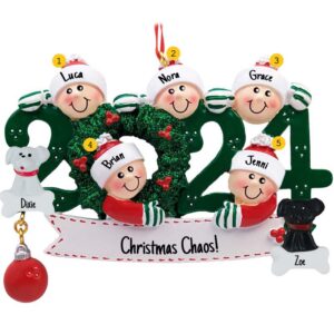 Personalized 2024 Family Of 5 With 2 Pets Glittered Wreath Ornament