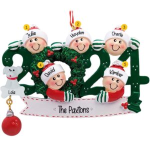 Image of Personalized 2024 Family Of 5 With Pet Glittered Wreath Ornament
