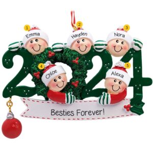 Personalized 2024 5 Best Friends GREEN Glittered Wreath Ornament