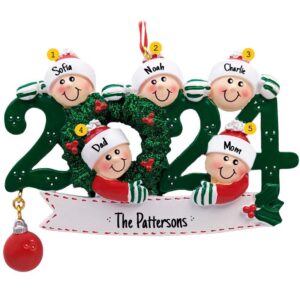 Image of Personalized 2024 Family Of 5 GREEN Glittered Wreath Ornament